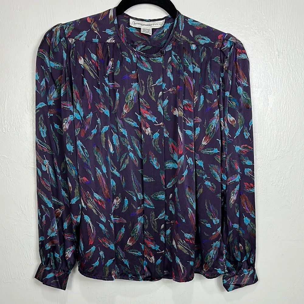 Lauren Alexandra Vintage Silk Feather Print Blouse Top Size 8P